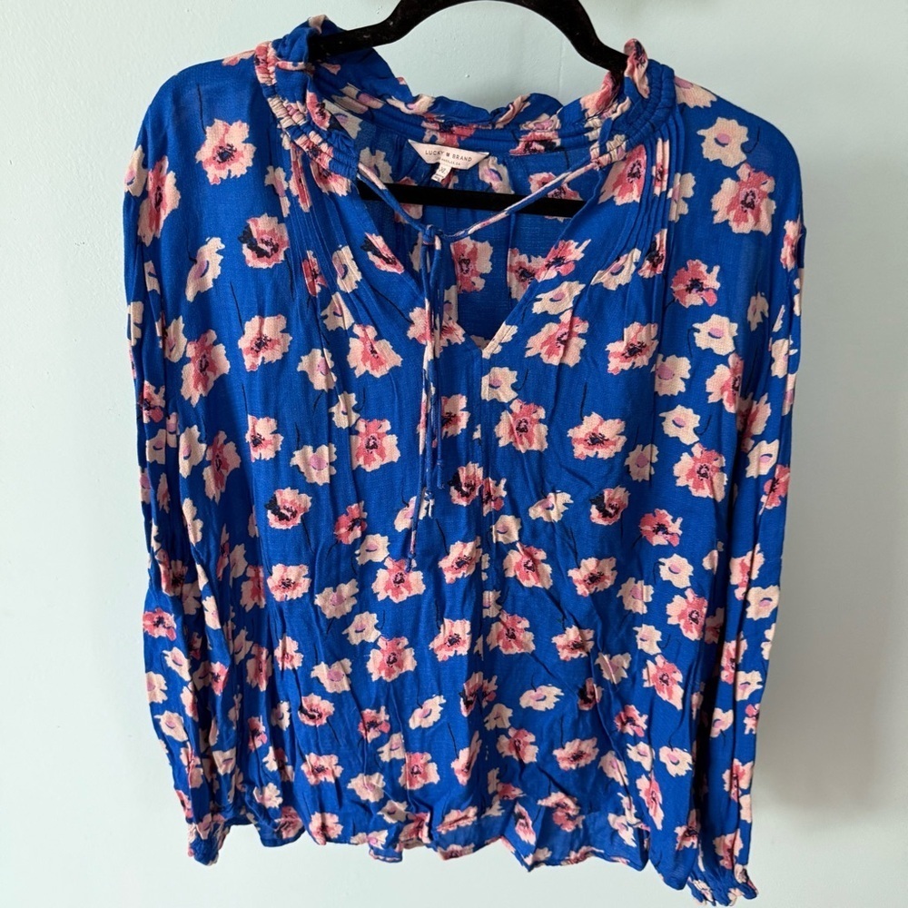Lucky Brand Boho Blue Floral Blouse Size X-Large Long Sleeve Cold Shoulder - Picture 2 of 7